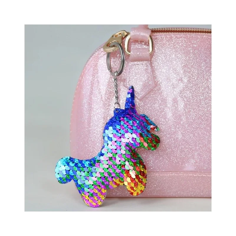 Porte-clefs licorne paillettes arc-en-ciel