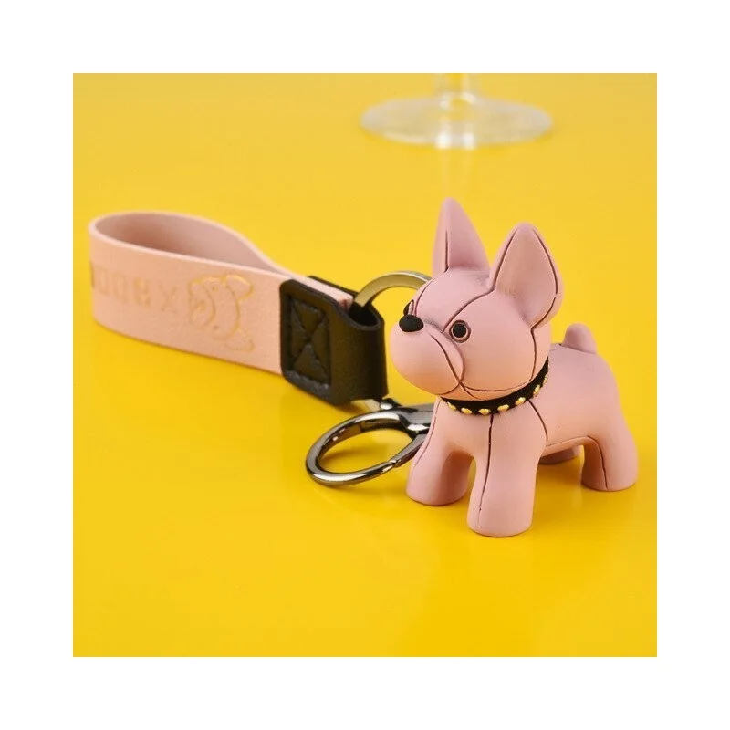 Porte-clés bouledogue français rose en cuir