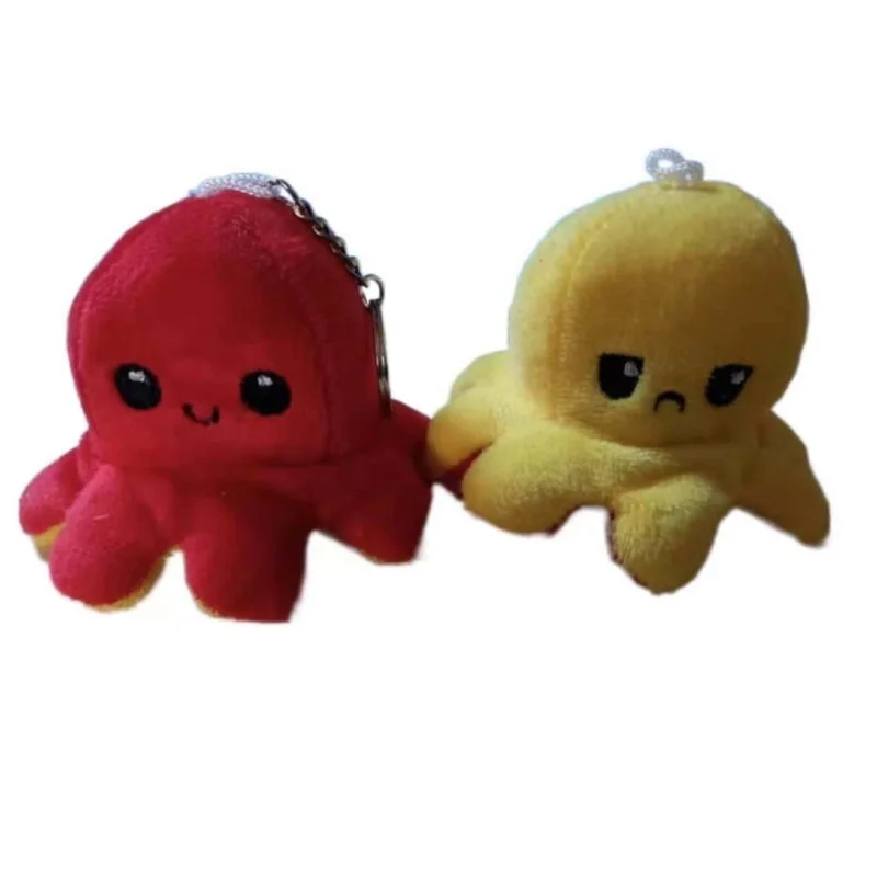 Porte-clés poulpe en peluche double face jaune - rouge